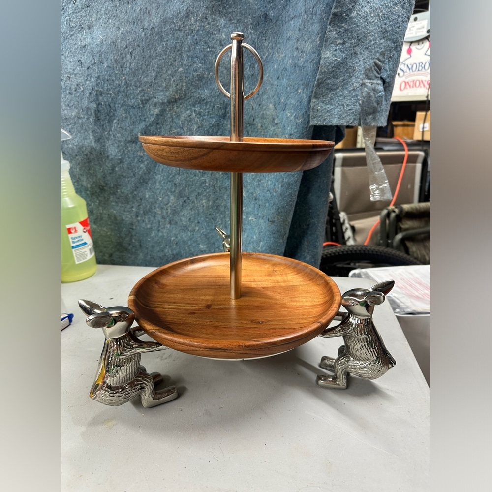 Pottery Barn? Two Tier Triple Rabbit Bunny Wooden Server Stand 12x12x14.5”